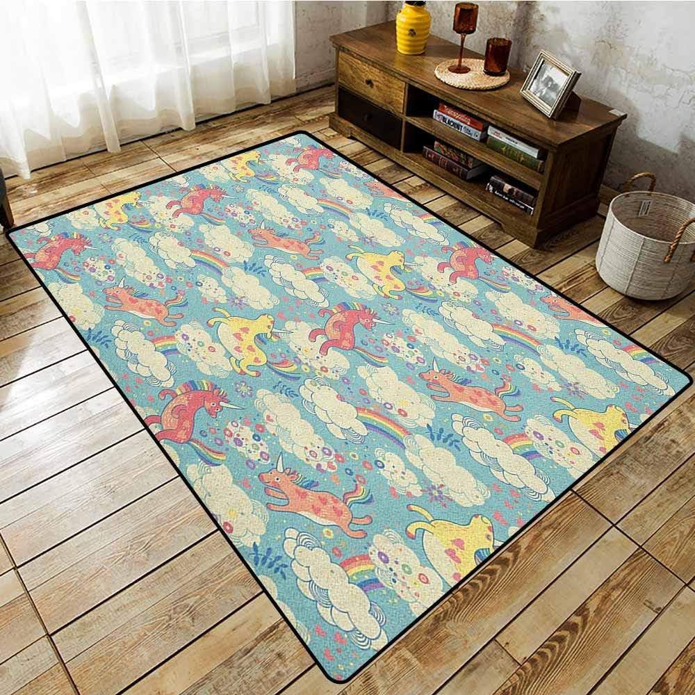 Living Room Area Rug，Pastel，Rainbow Unicorns Flying in Sky with Clouds Children Cheerful Kids Nursery Theme，Super Absorbs Mud Multicolor