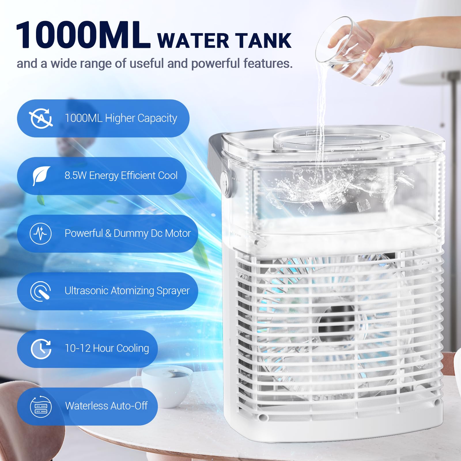 Portable Air Conditioners, 2025 Upgraded 4-IN-1 Cooling Fan, 1000ml Evaporative Air Cooler with 3-Speeds, 3-Level Humidify, 7-Color Night Light, 2-8H Timer, Personal AC Unit for Bedroom Office (White)