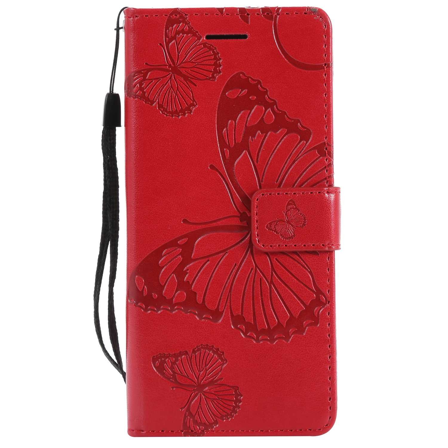 DENDICO Wallet Case for Samsung Galaxy S8, Flip Leather Case with Card Slots and Stand Feature, Butterfly Pattern Design Protective Cover for Galaxy S8 - Red