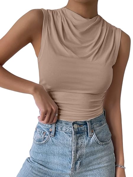 SOFIA’S CHOICE WOMEN’S SEXY SLEEVELESS MOCK NECK CROP TANK TOP SIDE RUCHED SLIM FIT SHIRT KHAKI MEDIUM