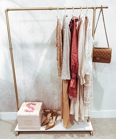 Amazon Com Gold Clothing Rack Storage Rack Industrial Pipe Garment Rack With Wooden Shelf Display Racks For Retail Or Home Home Kitchen