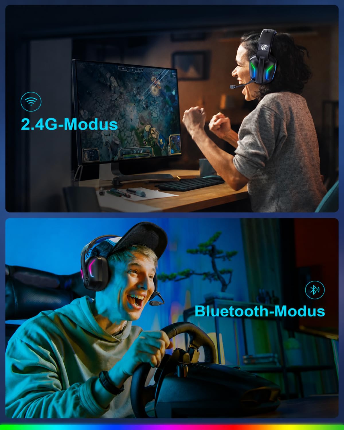 Fachixy Wireless Gaming Headset mit Mikrofon für PS5, PS4, PC, Switch, Mac und Laptop, 2,4GHz Low Latency USB & Bluetooth, faltbar mit LED-Licht, Surround Sound und 80 Std. Akkulaufzeit 7