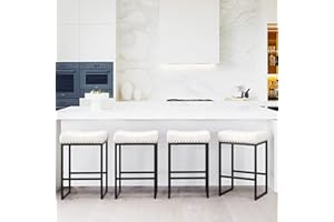 LUE BONA Counter Height Bar Stools 24" Square Saddle BarStools Set of 4, Modern Backless Faux Leather Counter Stool with Black Metal Legs for Kitchen Island Counter,Home Bar,Bistro,White