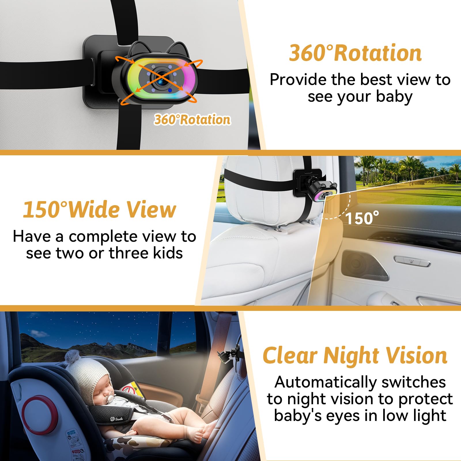 Wkzay Baby Car Camera for Backseat – HD 1080P, 150° Wide Angle, Night Vision, Easy Installation, Adjustable LED Light, 4.3” LCD Display, Anti-Glare