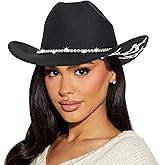HinyBoeh Rhinestone-Western-Cowboy-Hat for Womens Wide-Brim-Felt-Cowgirl-Hats Sparkly Disco Cap