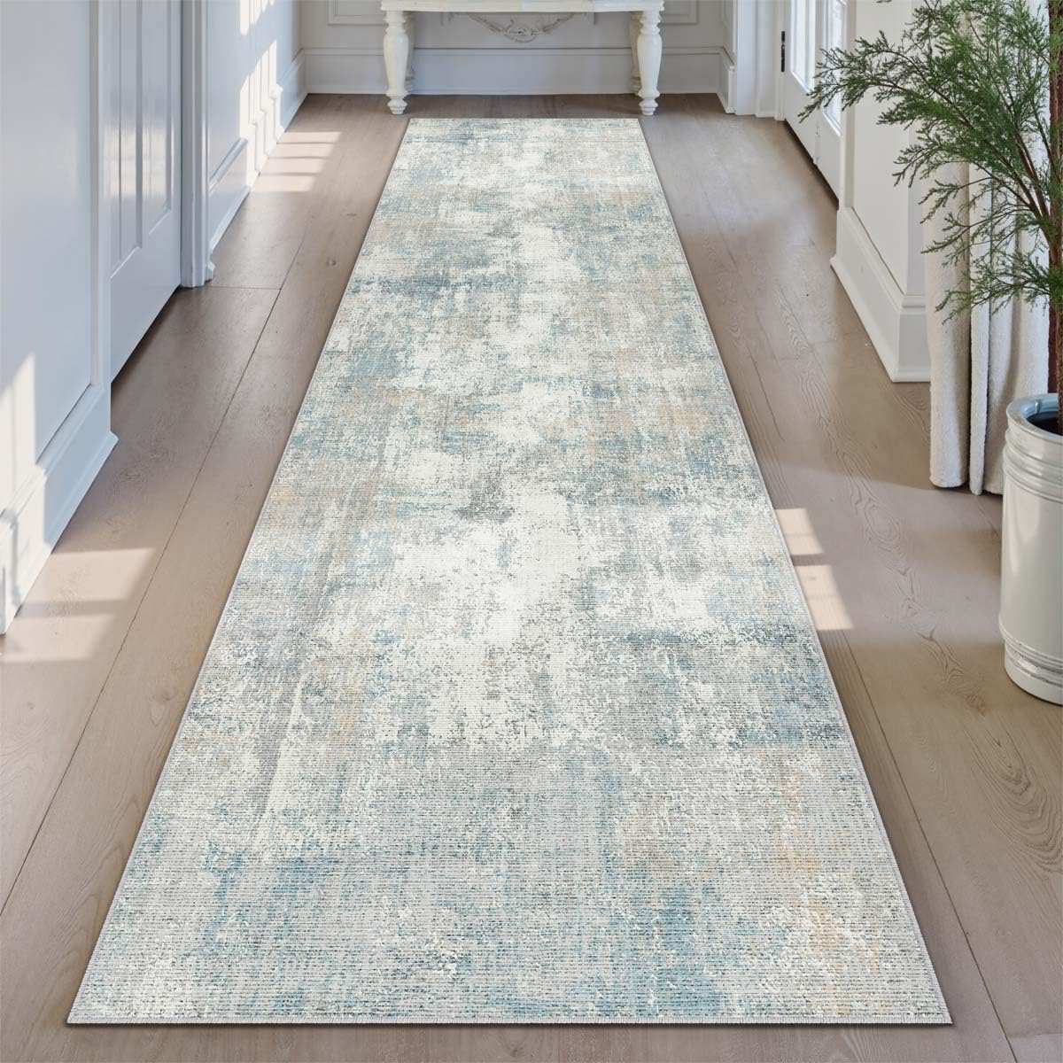 WondRg 3x12 Washable Runner Rug Blue Cream Abstract Hallway Kitchen Throw Rug Neutral Modern Non Slip Soft Low Pile Lightweight Carpet for Bathroom Laundry Bedroom Living Room Image
