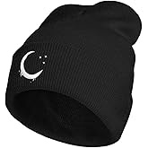 Goth Crescent Moon Embroidery Beanie Hat for Men Women Winter Warm Stretch Skull Knit Hats Cap Black