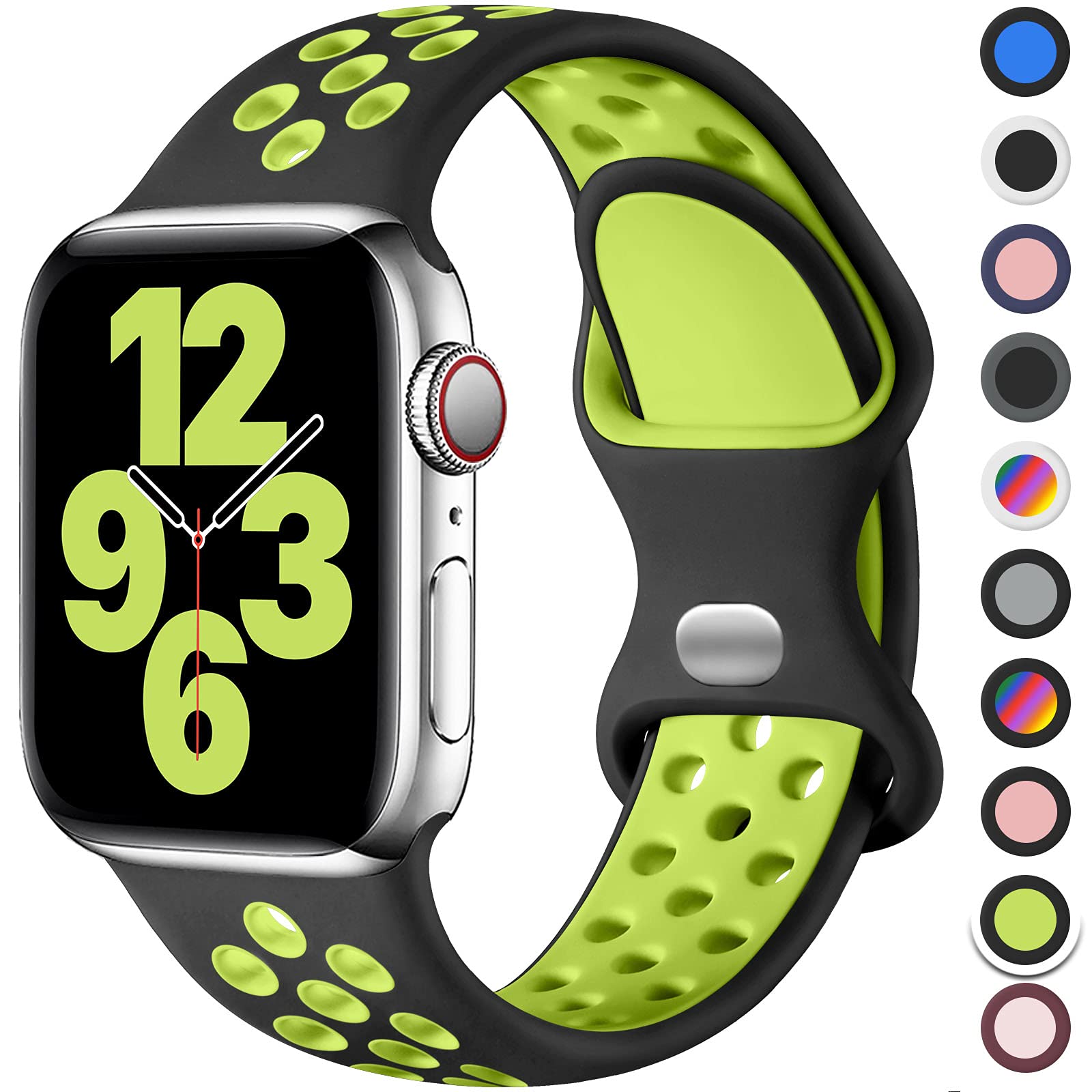 Upeak Sport Strap Compatible with Apple Watch Strap 44mm 45mm 46mm 42mm 49mm, Breathable Silicone Double Hole Band for iWatch Strap Series 11 10 9 8 7 6 5 4 2 1, SE 3, Ultra 3, S, Black/Green
