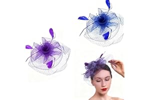 2Pack Fascinator Headbands with Feather Mesh,Party Headwear for Wedding, Cocktail and Bridal Showers(Purple+Blue)