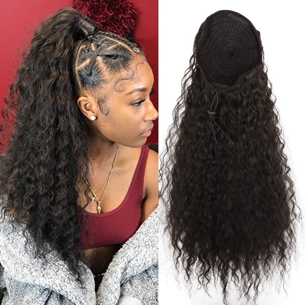 CINHOO Heat Resistant Synthetic Kinky Straight Ponytail Long Afro Kinky Curly Hair Bun Extension With Two Plastic Combs Hairpiece (2#)
