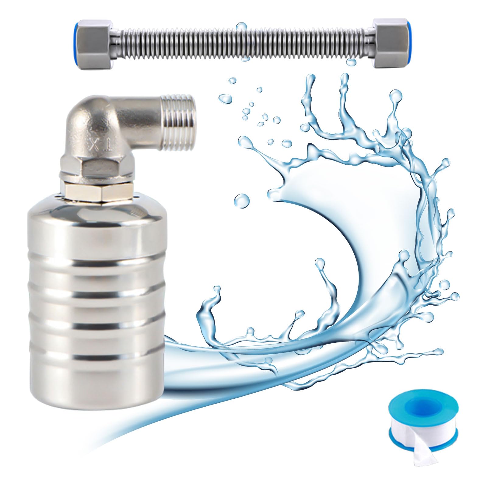 Les-Theresa 304 Stainless Steel Float Valve, Automatic Water Level Control Float Switch (1/2'' Side Water Intake + 30cm Bellows)