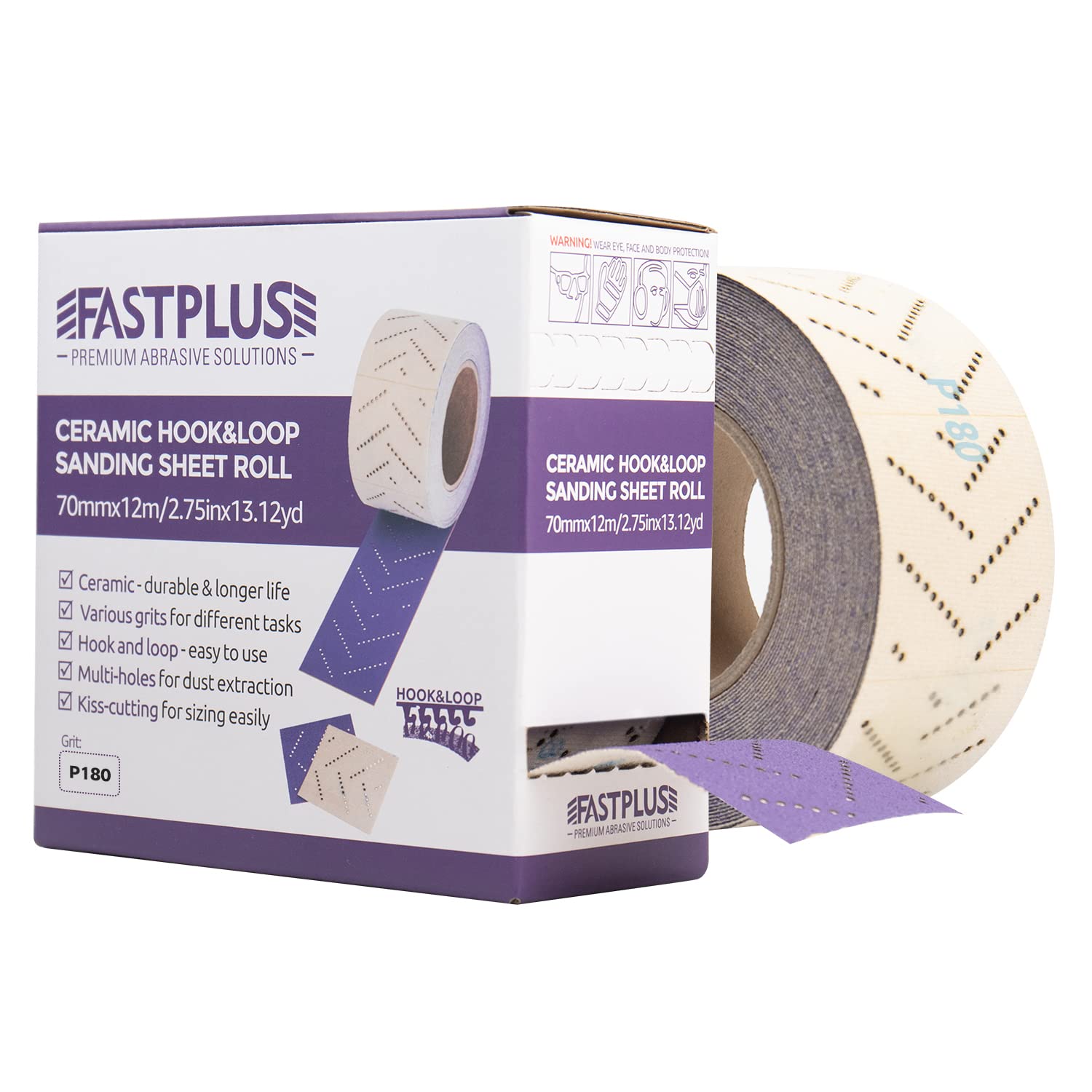 FASTPLUS Abrasive Sheet Roll, Purple Ceramic Automotive Sandpaper Roll,Multi-Hole, 70 mm x 12 m Rectangular Hand Torn Sandpaper for Wood Sanding,Coating Removal,Body Repair,180 Grit