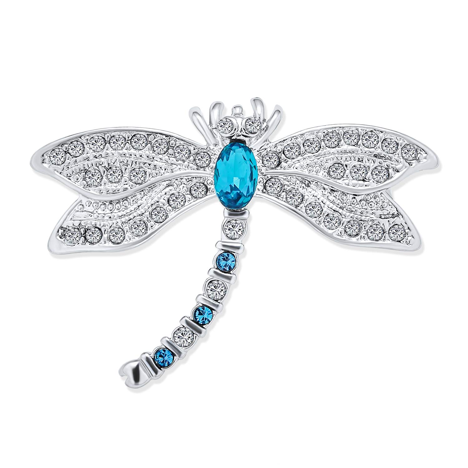 Blue CZ Simulated Sapphire Dragonfly Firefly Brooch Pin for Women Rhodium Plated Brass with Cubic Zirconia Garden Insect Motif — image 1