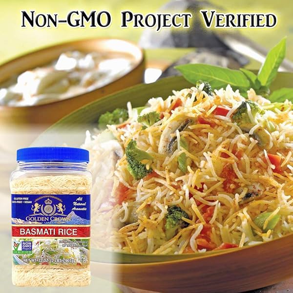 GOLDEN CROWN WHITE BASMATI RICE, PREMIUM QUALITY GLUTEN-FREE, KOSHER & HALAL, NATURALLY AGED LONG GRAIN NON-STICKY & FLUFFY AROMATIC HIMALAYAS RICE – 32 OZ (2LB)