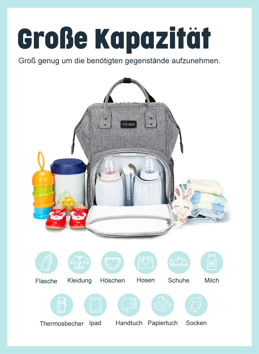 Baby Wickelrucksack Wickeltasche Multifunktional mit USB-Lade Port Oxford Wasserdichte Große Kapazität Babytasche für Reise,Grau