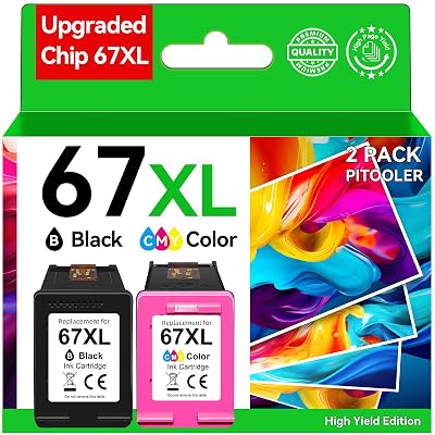 Upgraded Chip 67XL Ink Cartridges Compatible for HP Ink 67 Black/Color Combo Pack Compatible for DeskJet 2855e 2827e 2800e 4255e 2755e 2700 4155e 4227e 2700e 2734e 2852e Envy 6055e 6000 6400 Printer