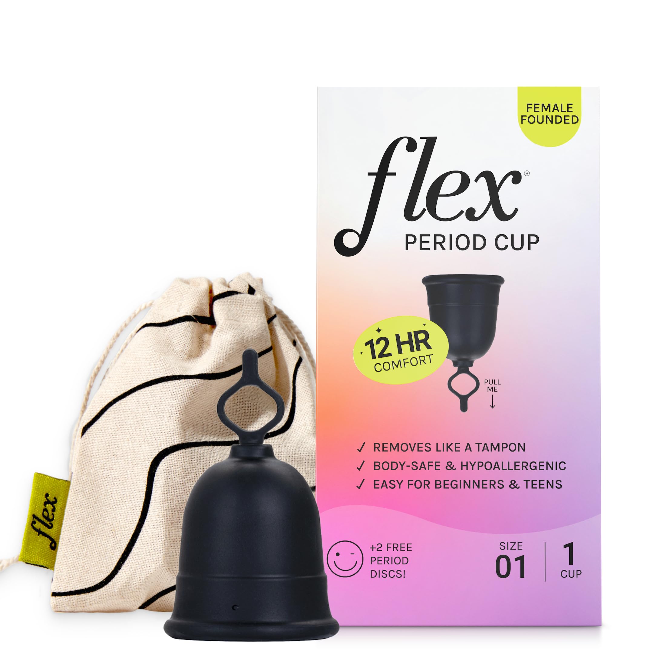 Flex Cup Starter Kit (Slim Fit - Size 01) | Reusable Menstrual Cup + 2 Free Menstrual Discs | Pull-Tab for Easy Removal | HSA or FSA Eligible | Capacity of 2 Super Tampons - Packaging May Vary