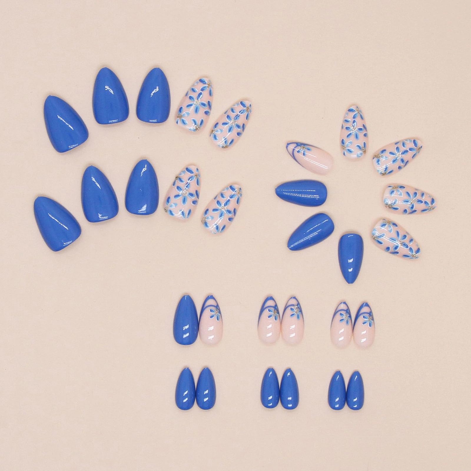 MISUD Press on Nails Short Almond Fake Nails Glossy Glue on Nails Summer Blue Acrylic Nails Stiletto Artificial Nails Cute Flower Stick on False Nails with Design 30pcs - Image 3