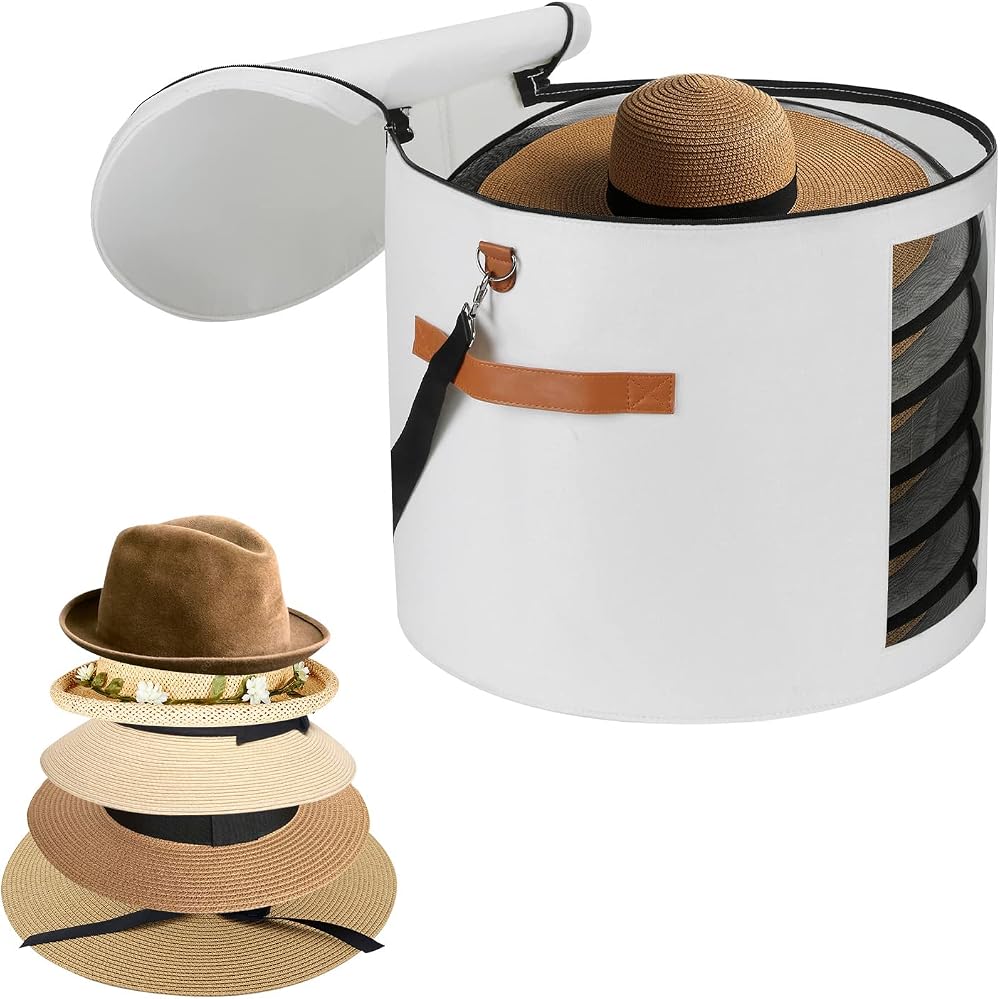 Ohiyoo Extra Large 19" Round Felt Hat Storage Box with Lid - White