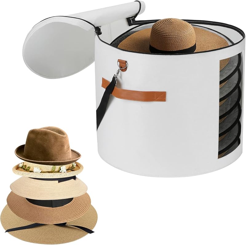 Ohiyoo Extra Large 19" Round Felt Hat Storage Box with Lid - White