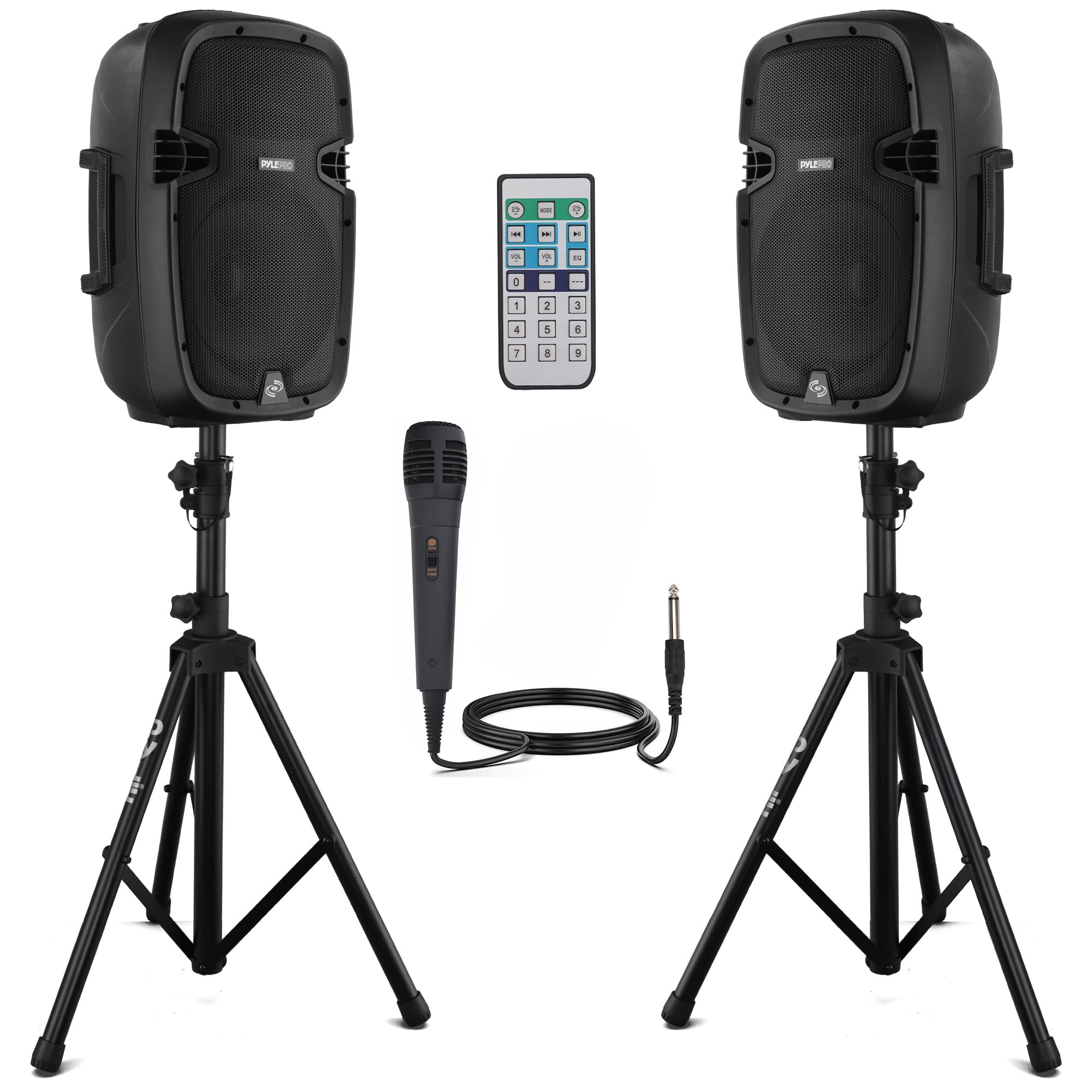 Pyle 10" Wireless Portable PA System - 1000W High Powered Bluetooth Compatible Active + Passive Pair Outdoor Sound Speakers w/USB SD MP3 AUX - 35mm Mount, 2 Stands, Microphone, Remote - PPHP1049KT