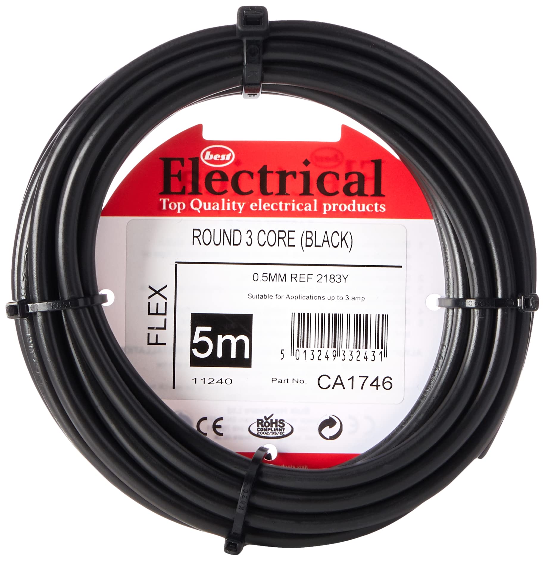 Merriway BH01494 3-Core Round Black Flexible Cable 2183Y 0.5 mm - 5 Metre Cut Length