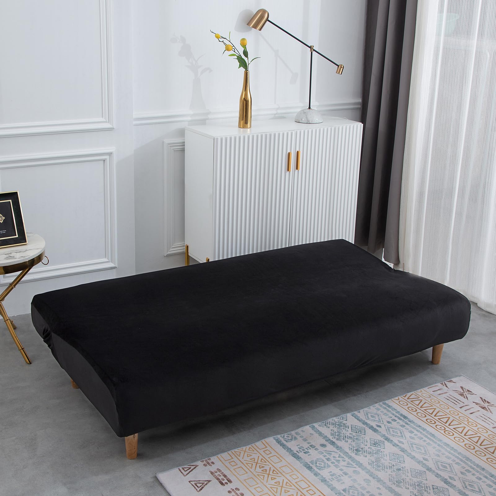 Condition photo showing New/Like New for stretch futon cover, couch cover for futon, armless sofa cover, foldable sofa bed slipcover without