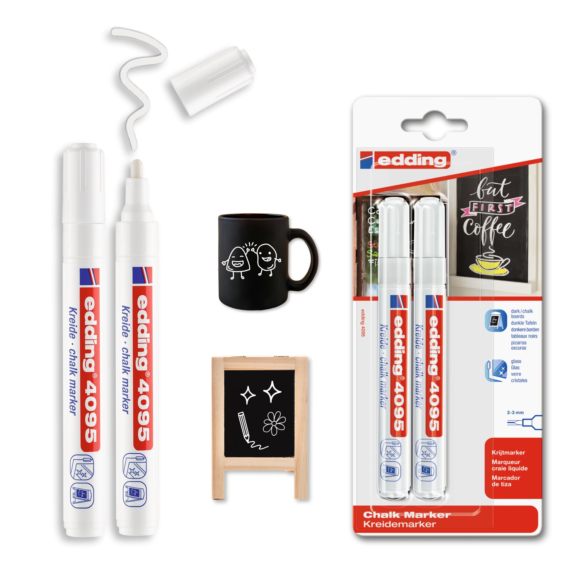 edding 4095 chalk marker - white - 2 chalk pens - round nib 2-3 mm - medium-nib wet wipe pen for chalkboards, windows, glass, mirrors - liquid chalk marker pens for opaque coverage โ image 1