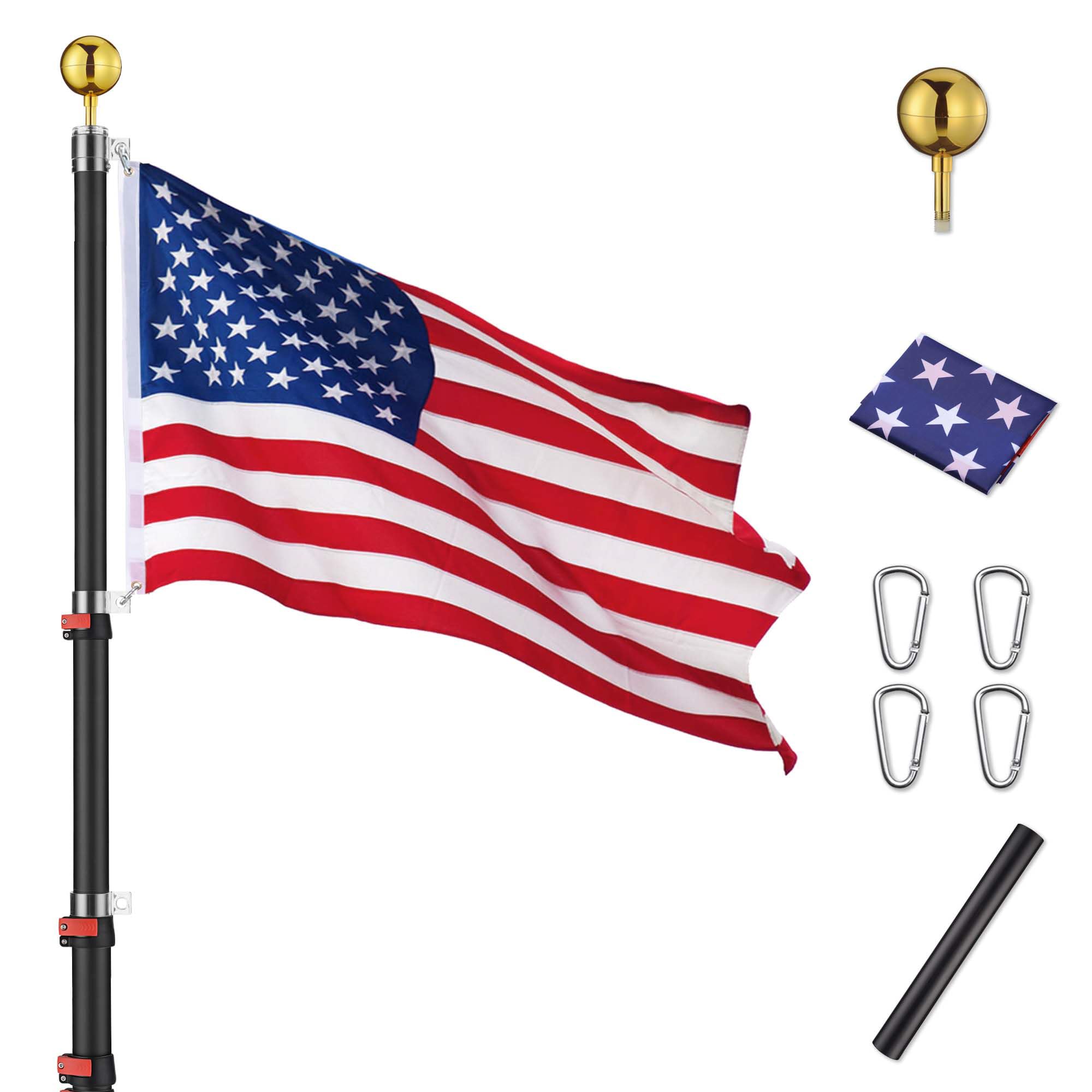 Photo 1 of Yeshom 20Ft Black Telescopic Aluminum Flag Pole Fly 2 Flags 3'x5' US Flag & Ball Top Kit Telescoping Flagpole Yard Outdoor Garden
