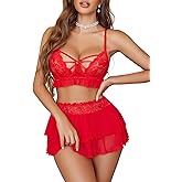 Avidlove Lingerie for Women Naughty Lace Bralette and Mini Skirt 3 Piece Lingerie Set Rave Outfits S-XXL