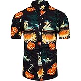 TUNEVUSE Men Halloween Shirts Pumpkin Print Short Sleeve Casual Button Down Dress Shirt