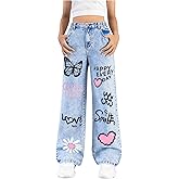 BEAUDRM Girl's Baggy Jeans Heart Print Jeans Wide Leg Y2k Cute Denim Pants with Pockets Size 8-12