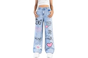 BEAUDRM Girl's Y2k Graphic Jeans Butterfly Print Jeans Elastic High Waisted Straight Leg Denim Pants