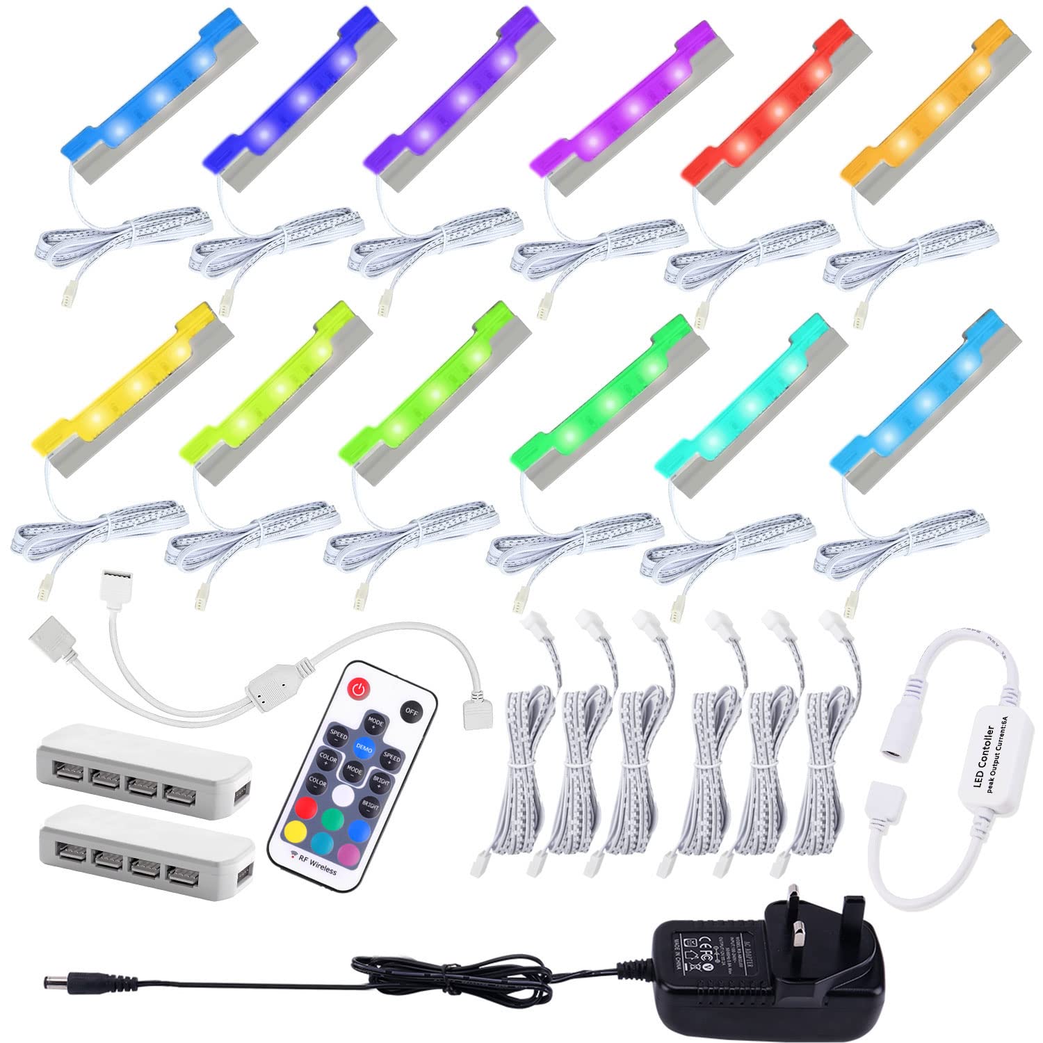 AIBOO LED Under Cabinet Lights Kit for Glass Edge Shelf Back Side Lighting Using Flexible Cable and Clip with RF Remote Control (RGB 12 Pack)