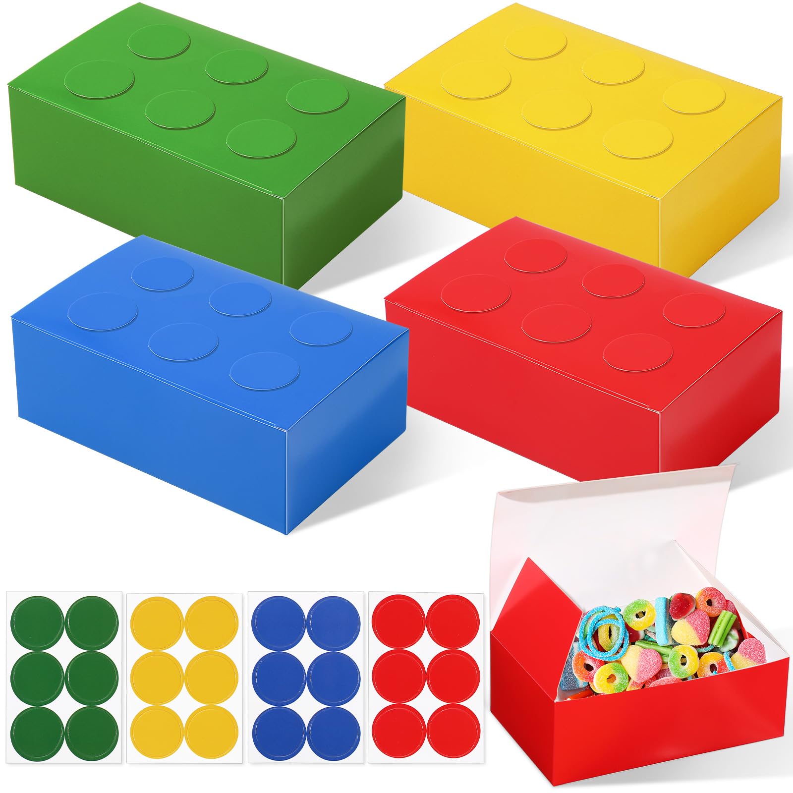 Photo 1 of Leinuosen 24 Pieces Building Block Party Favor Boxes 4 Color DIY Brick Theme Gift Goodie Treat Candy Cardboard Paper Box for Building Block Birthday Party Baby Shower Decoration Supplies (Bright)