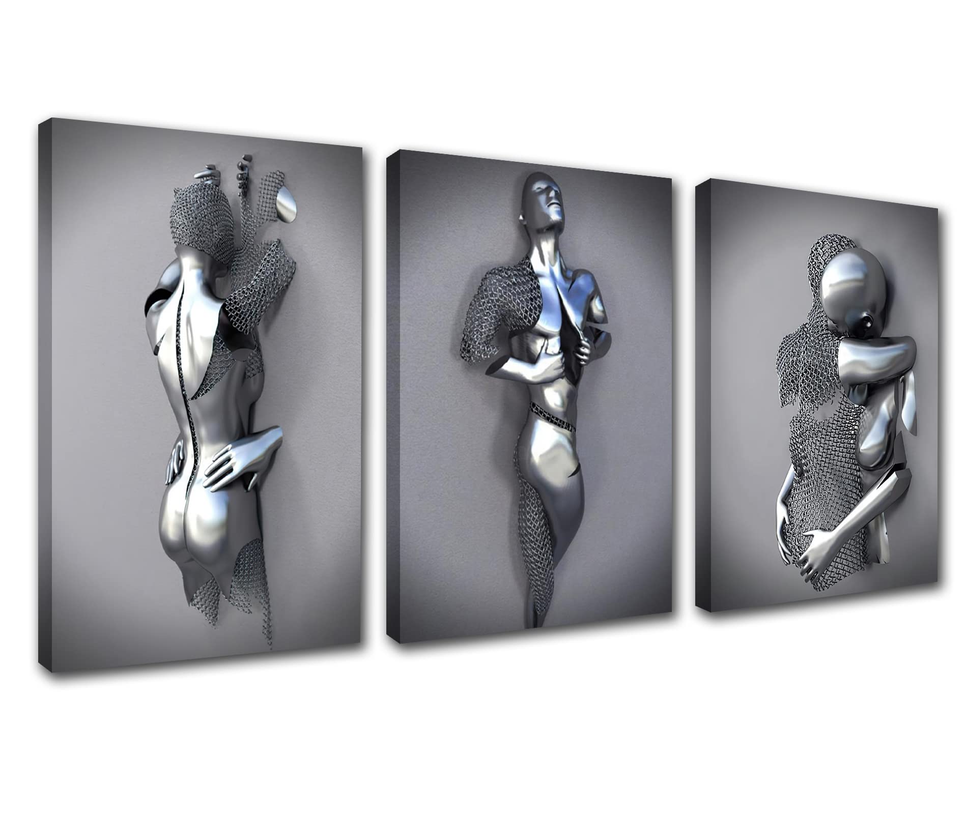 Wall Art for Living Room 3D Metal Effect Love Heart Couple Wall Art Decor for Bedroom 3 Pieces Modern Abstract Grey Black and White Canvas Print Poster Picture Framed for Wall Decorations 42''Wx20''H
