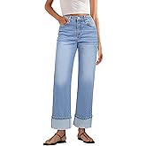 GRAPENT Wide Leg Jeans for Women Trendy High Waisted Cuffed Hem Stretchy Denim Trousers Pants Work Casual Jeans