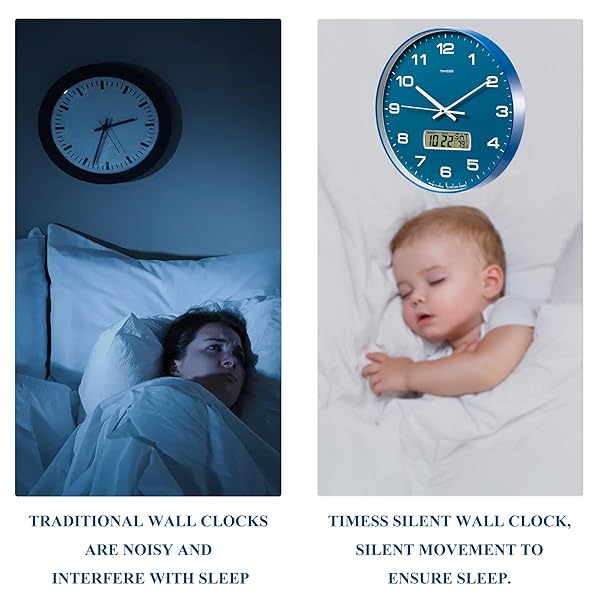TIMESS WALL CLOCK, 14″ LARGE DIAL NON-TICKING SILENT BATTERY OPERATED ANALOG WITH LCD DISPLAY FOR PERPETUAL CALENDAR AND F° TEMPERATURE, IDEAL MODERN HOME, BEDROOM, KITCHEN, OFFICE DECOR (BLUE)