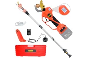 T TOVIA Cordless Pruning Shears, Electric Pruner with 75 Inch Foldable Extension Pole, 21V Lithium Battery, Titanium Plated SK5 Blades, 1.2 Inch Cutting Diameter, LCD Display Screen