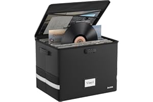 DocSafe Fireproof Vinyl Record Storage Box with Lock,Large Record Organizer Storage for 150+ Single Records,Collapsible Storage Crate with Lid&Handles for Valuable Album Collection,16.1''x13''x13''