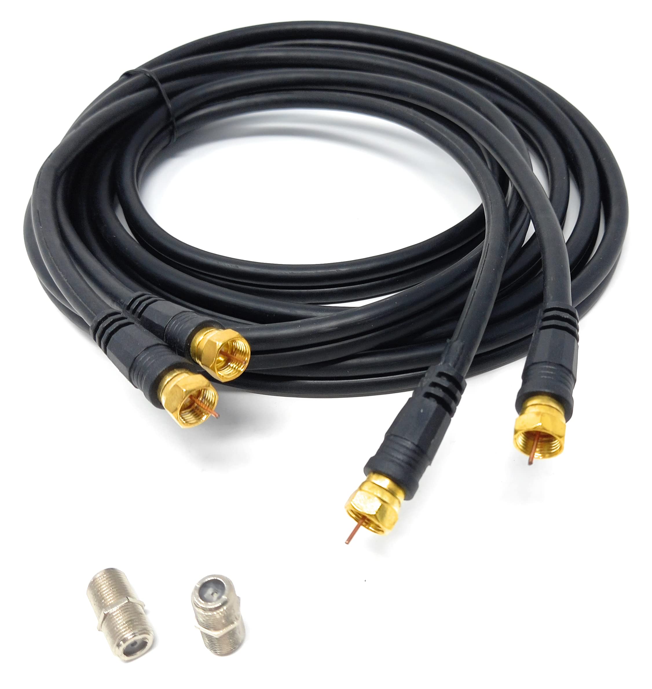 DRUT 3m Twin Shotgun Satellite Moulded F-Type Plug to Socket RG6 Coaxial Extension Antenna Cable Lead With F-Type Couplers 10ft Black