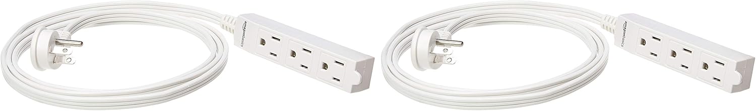 Basics Indoor 3 Prong Extension Power Cord Strip - Flat Plug, Grounded, 6 Foot, Pack of 2, White - - 