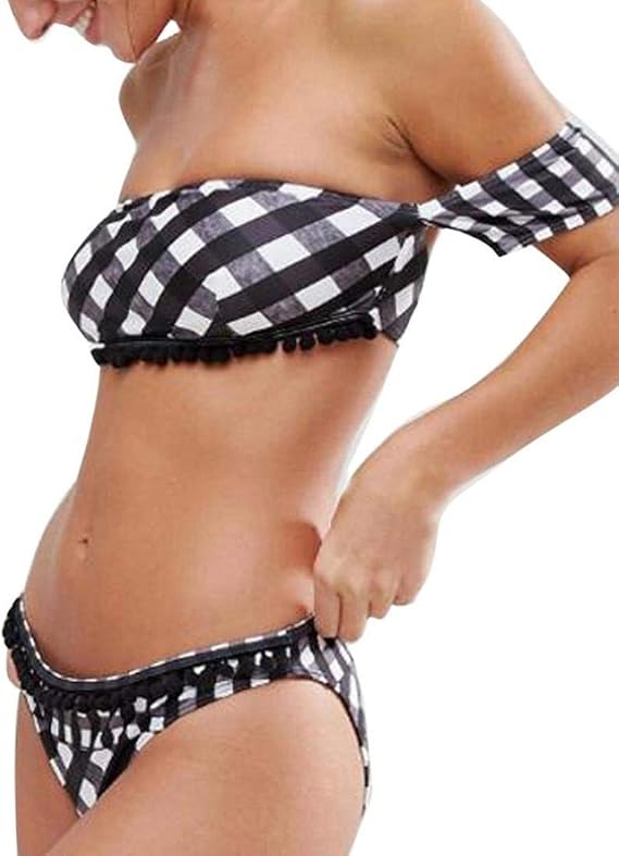 Amazon 人気 レディース タンキニ チェック柄 袖付き オフショルダー シンプル ｔバック マイクロビキニ 女の子 ママ水着 可愛い セクシー ベアトップ リゾート 海水浴 ファッション 上下セット Xl ブラック タンキニ 通販