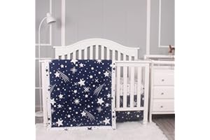 Belsden 3 Piece Crib Bedding Set for Baby Boys Girls, Classic Nursery Bedding Essential Including Comforter, Crib Sheet and Crib Skirt, Ultra Soft Cozy, Space Star Navy