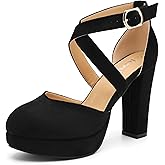 fereshte Women's Platform Pumps, Crisscross Ankle Strap, Chunky Block Heel, Closed Toe, 3.94 Inch High Heeled Dress Shoes