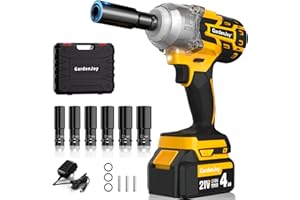 GARDENJOY Cordless 1/2 Impact Wrench Brushless, 21v Power Impact Gun with 3 Variable Speeds, Max Torque 450Ft-lbs (600N.m), 4.0Ah Battery and Charger, 6Pcs Impact Sockets, Electric Impact Wrench for Car Home