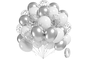 AWENZTECH 60pcs White and Silver Balloons 12inch, Silver and White Balloons with Metallic Silver Confetti Balloons for Birthday Baby Shower Wedding Anniversary New Years Party Decorations