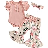 ZAXARRA Newborn Baby Girls Outfit Flying Sleeve Crew Neck Romper Floral Flared Pants Headband Cute Casual Clothes Set