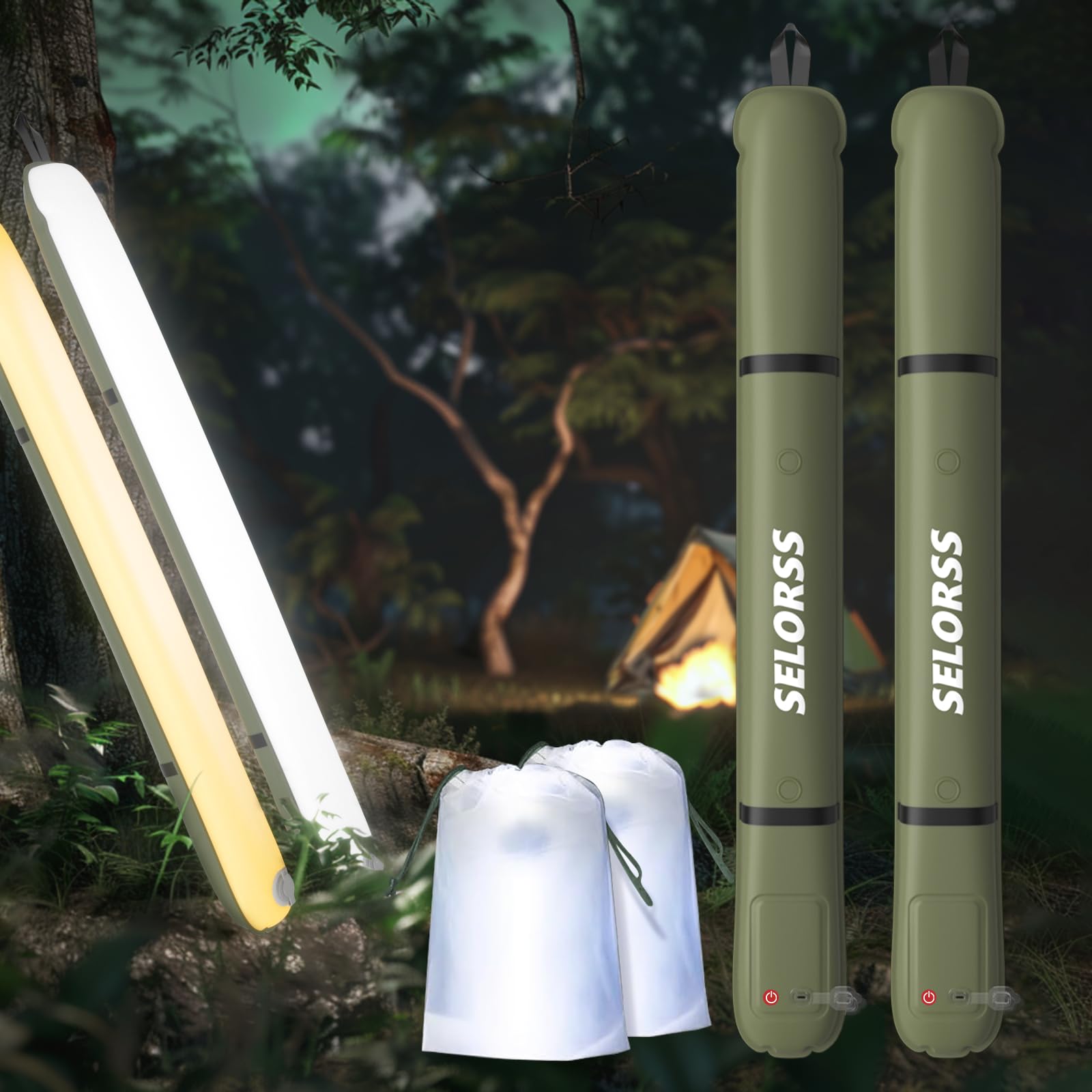 SELORSS Inflatable Camping Lights 33.86IN/86CM Foldable Outask Telescopic Lamp, Portable Outdoor 2000mAh LED Light IP66 Waterproof with Dimmable Bright for Camping, Travel, Festival - 2 Pack Green