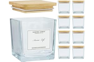 Creahaus 9pack, 10oz Square Candle Jars with Bamboo Lids, Thickened Glass Candle Containers with Warning Labels, Empty Candle Vessels for Candle Making DIY Craft